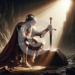 A knight kneeling near a sword stuck in a stone.