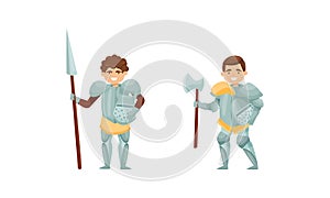 Knight from Middle Ages in Iron Armour Suit Holding Sharp Spear and Ax Vector Set