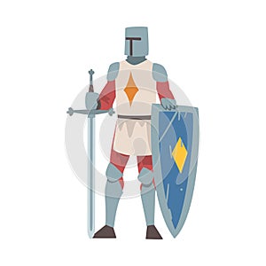 Knight from Middle Ages in Iron Armour Suit Holding Shield and Sharp Sword Vector Illustration