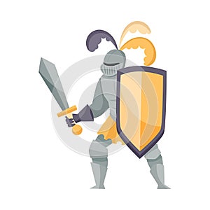 Knight from Middle Ages in Iron Armour Suit Holding Shield and Sharp Sword Vector Illustration