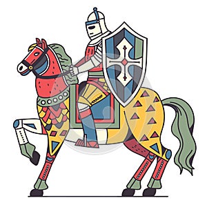 Knight mounted decorated horse holding shield lance, medieval armor helmet. Horse ornate