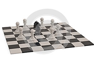 Knight and pawns chess piece on checkerboard.3D illustration.