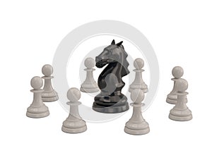 Knight and pawns chess piece on white background.3D illustration