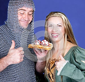 Knight and princes eating waffle with ice-cream