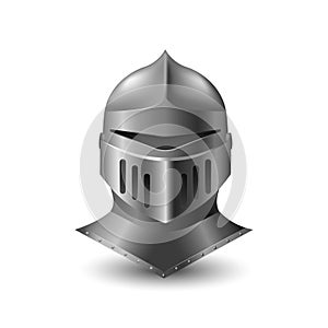 Knight realistic iron helmet. Medieval steel military head protection