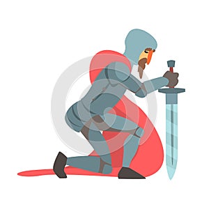 Knight With Red Cape And Sword Kneeling Fairy Tale Cartoon Childish Character