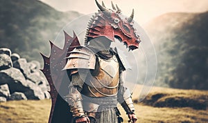 a knight with a red dragon head and a red cape