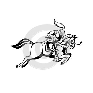 Knight Riding Horse With Golf Club as Lance Side Cartoon Retro Black and White