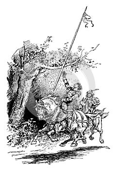 Knight Riding Horse & Holding a Lance, vintage illustration