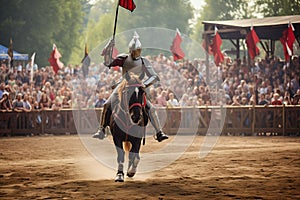 A knight riding horse at medieval jousting tournament. Generative AI