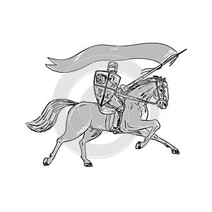 Knight Riding Horse Shield Lance Flag Retro