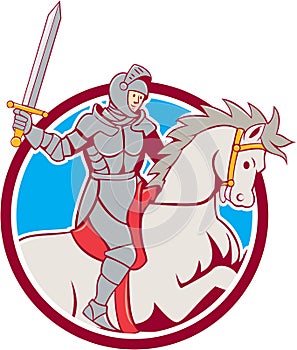 Knight Riding Horse Sword Circle Cartoon