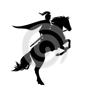 Knight riding rearing up horse black vector silhouette