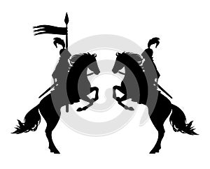 Knight riding rearing up hrse with banner spear black vector silhouette