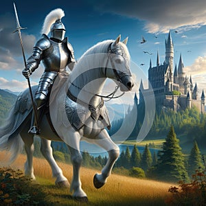 Knight Riding a White Horse with Castle Background