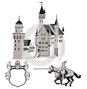 Knight`s castle with knight and coat of arms illustration