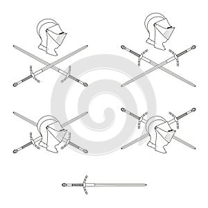 Knight`s coat of arms, set - image for logotype. Metal helmet and crossed swords. Design element, icon.