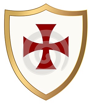 Knight Shield with gold frame and red cross pattee on white isolated background.