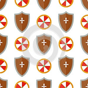 Knight shield medieval weapons heraldic knightly medieval kingdom gear seamless pattern background vector illustration.