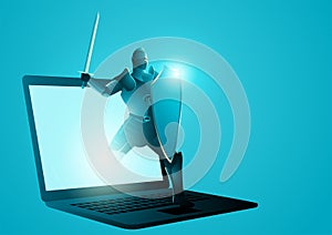 Knight with shield and sword appearing from laptop screen