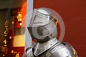 Knight in shining armor. Detail metal helmets