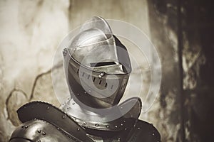 Knight in shining armor. Detail metal helmets