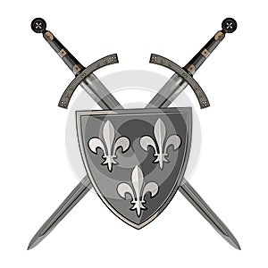 Knight sword. Two crossed knight of the sword and medieval heraldic shield