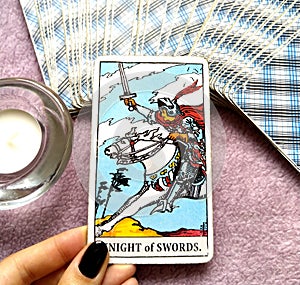 Knight of Swords Tarot Card Chatty Talkative Public Speaking Vocal Literal Cool Swift Action Speed Rush Hasty Rebellious photo