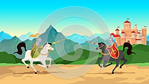 Knight tournament. Battle between medieval warriors in metal armour with lance weapons riding horses. Historical vector