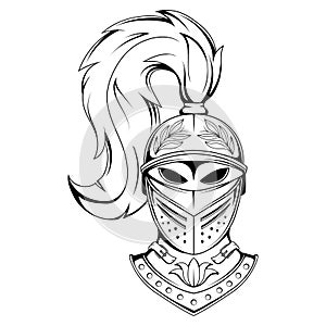 Knight. Vector illustration of a sketch spartan warrior head. Helmet armor. Medieval warrior knight in armour helmet