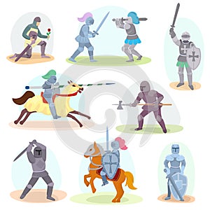 Knight vector medieval knighthood and knightly character with helmet armor and knightage sword illustration set of