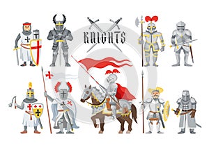 Knight vector medieval knighthood and knightly character people with helmet armor and knightage sword illustration set photo