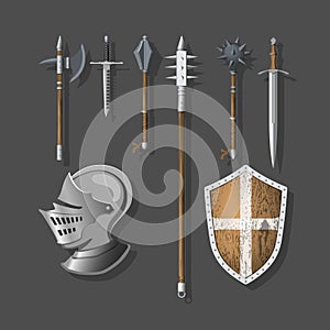 Knight weapons and armor. Warrior sword, shield and helmet. Realistic 3d medieval icon for game