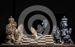 Knight winning the game to a pawn on a chessboard with all the pieces photo