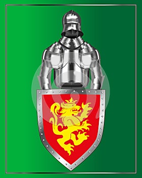 Knight with a yellow shield. Metal effect mesh. Vector  illustration isolated on a green background.