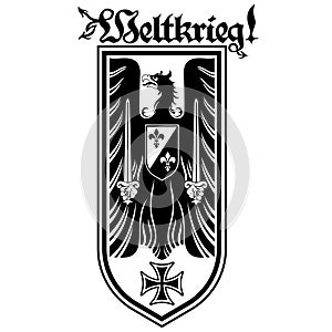 Knightly design. Heraldic eagle with swords, iron cross and inscription - World war