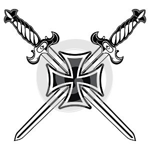 Knightly design. Iron cross and two medieval knight crossed swords