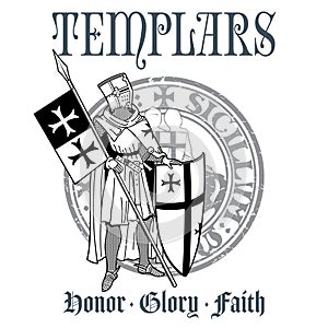Knightly design. Knight Templar in armor with a spear, shield, flag and medieval knight seal