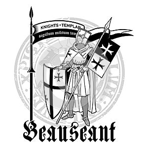 Knightly design. Knight Templar in armor with a spear, shield, flag and medieval knight seal