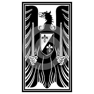 Knightly design. Medieval heraldic emblem design, heraldic eagle, and knights shield