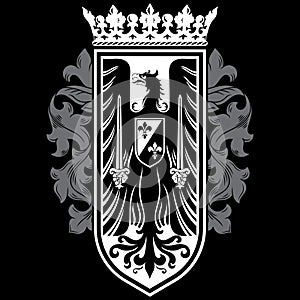 Knightly design. Medieval heraldic emblem design, heraldic eagle, and knights shield