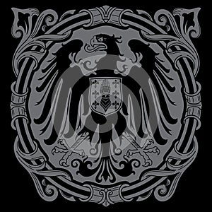 Knightly design. Medieval heraldic emblem design, heraldic eagle, and knights shield