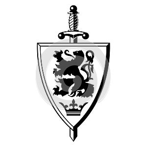 Knightly design. Shield With Heraldic Lion, Warrior Sword and Crown