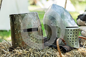 Timeless Valor: Exquisite Medieval Knight Helmets on Display photo