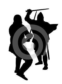 Knights in armor with sword fight vector silhouette illustration isolated. Medieval fighter in battle