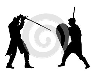 Knights in armor with sword fight vector silhouette illustration isolated. Medieval fighter in battle