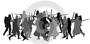 Knights in armor with sword fight vector silhouette illustration isolated. Medieval fighter in battle