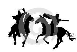 Knights in armor with sword and shield riding horse vector silhouette isolated. Horseman medieval fighters in battle. Cavalryman.