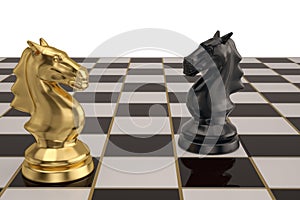 Knights chess piece on checkerboard.3D illustration.