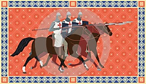 Knights on a decorative background. Three Templars are galloping on horseback